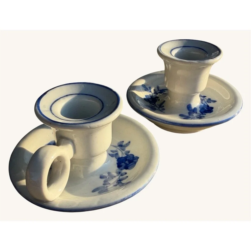 Vintage Blue and White Chamberstick Candle Holder Set Hand Painted Florals